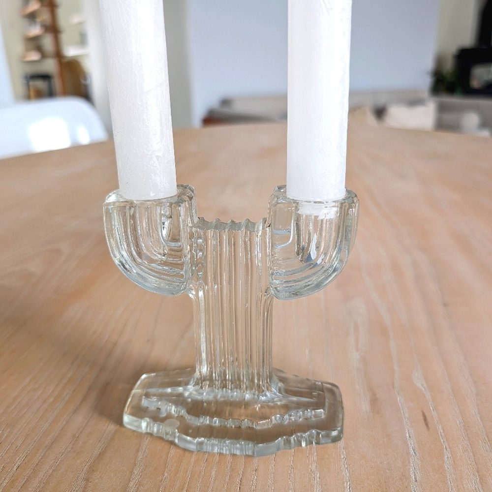 ANCHOR HOCKING QUEEN MARY CACTUS DOUBLE CANDLE HOLDERS VINTAGE PRESSED GLASS